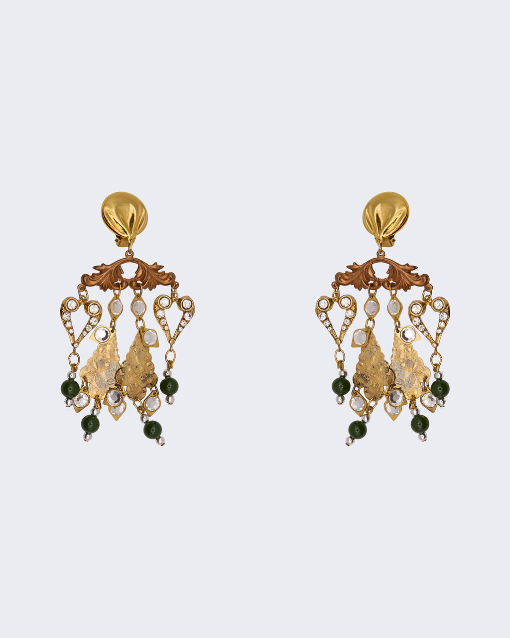Orecchini Chandelier Vintage con Cristalli e Perle Verdi – Statement Couture Dorato