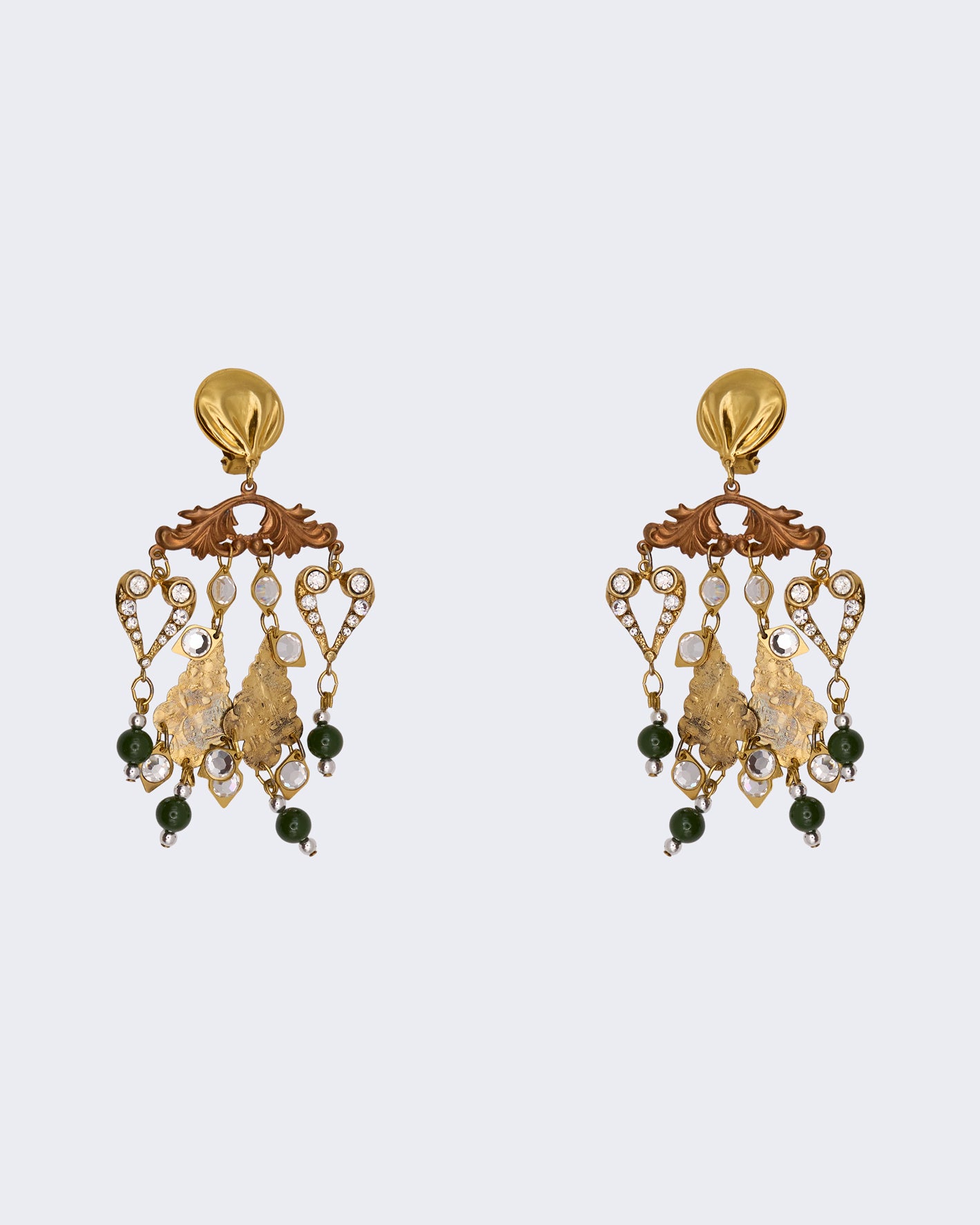 Orecchini Chandelier Vintage con Cristalli e Perle Verdi – Statement Couture Dorato