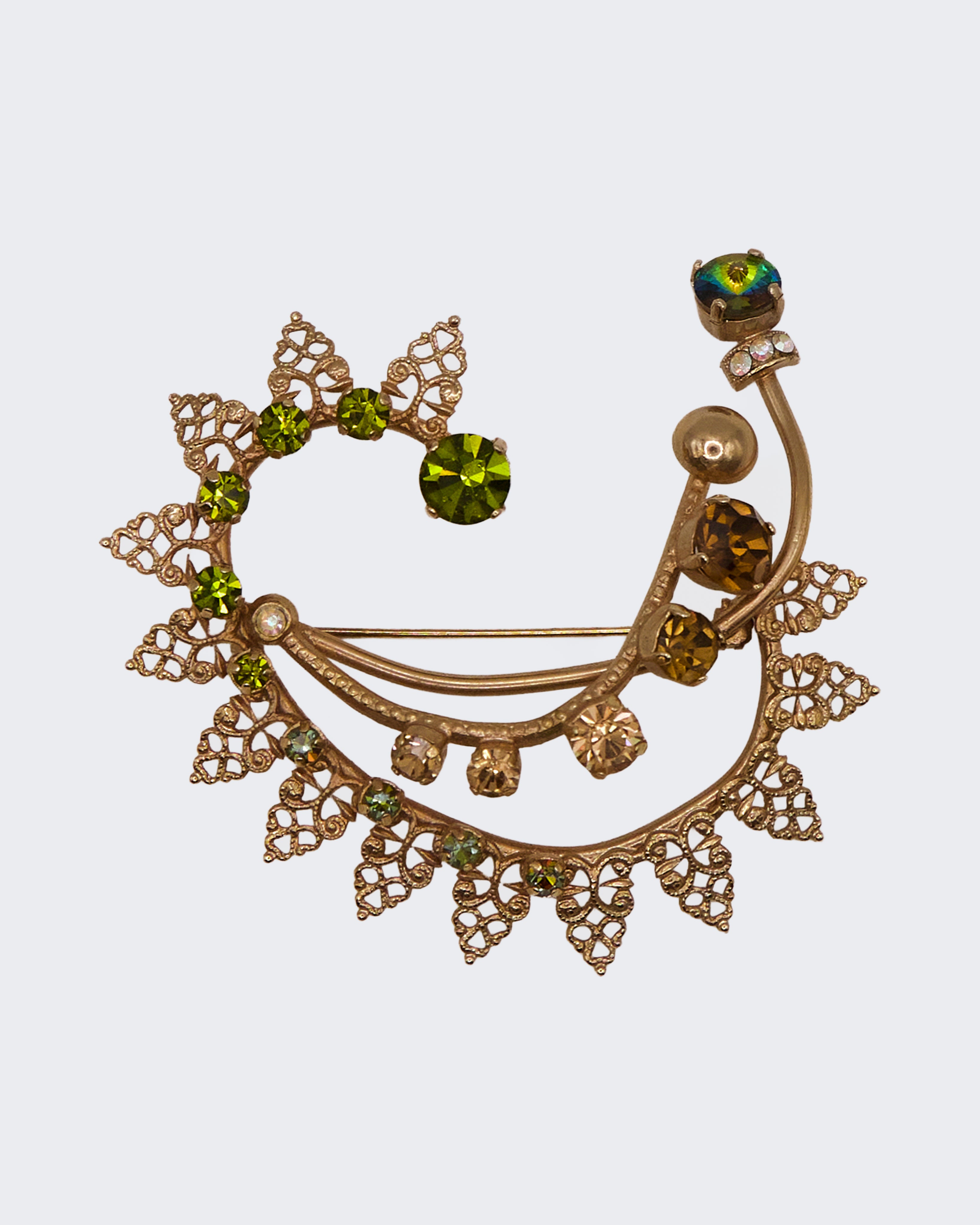 Spilla Vintage Mezzaluna/Spirale con Cristalli Verdi – Metallo Dorato