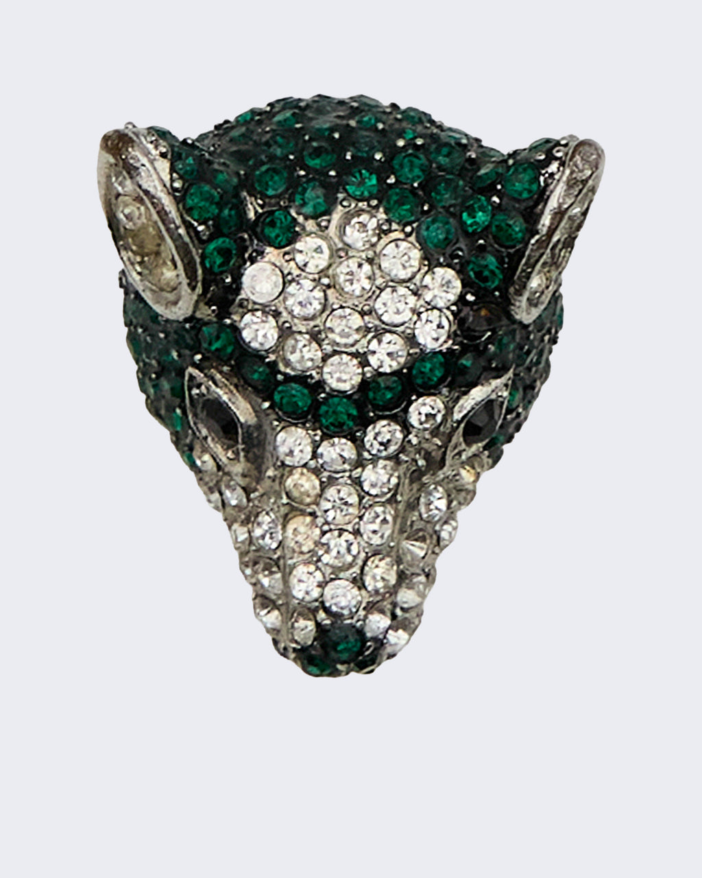 Broche vintage en forme de renard ornée de cristaux verts et blancs
