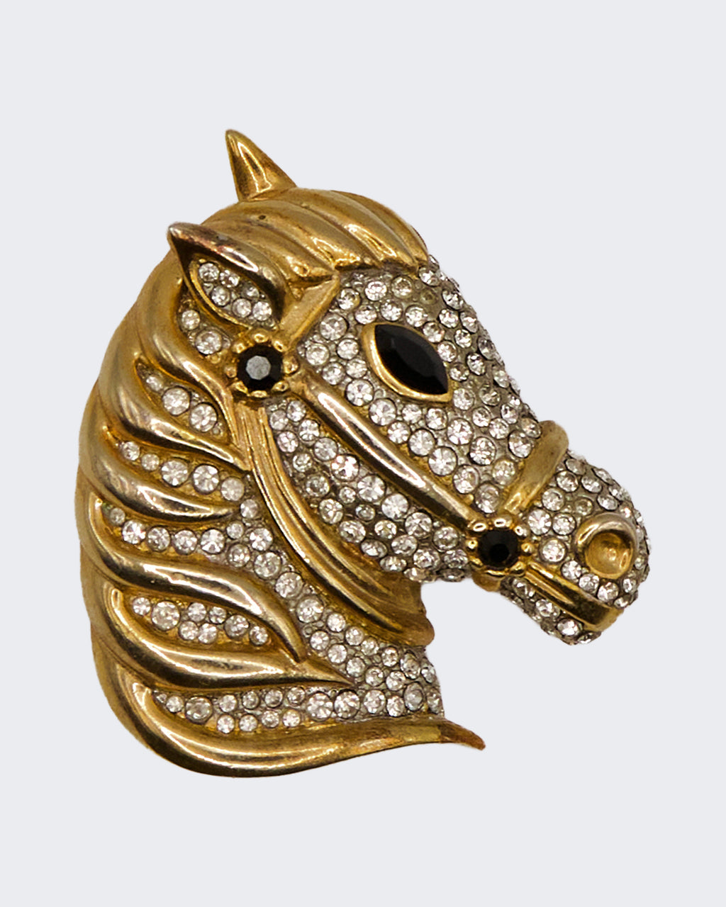 Spilla Vintage Testa di Cavallo Dorata con Strass – Bigiotteria Anni ’40–’80, 5,3 cm