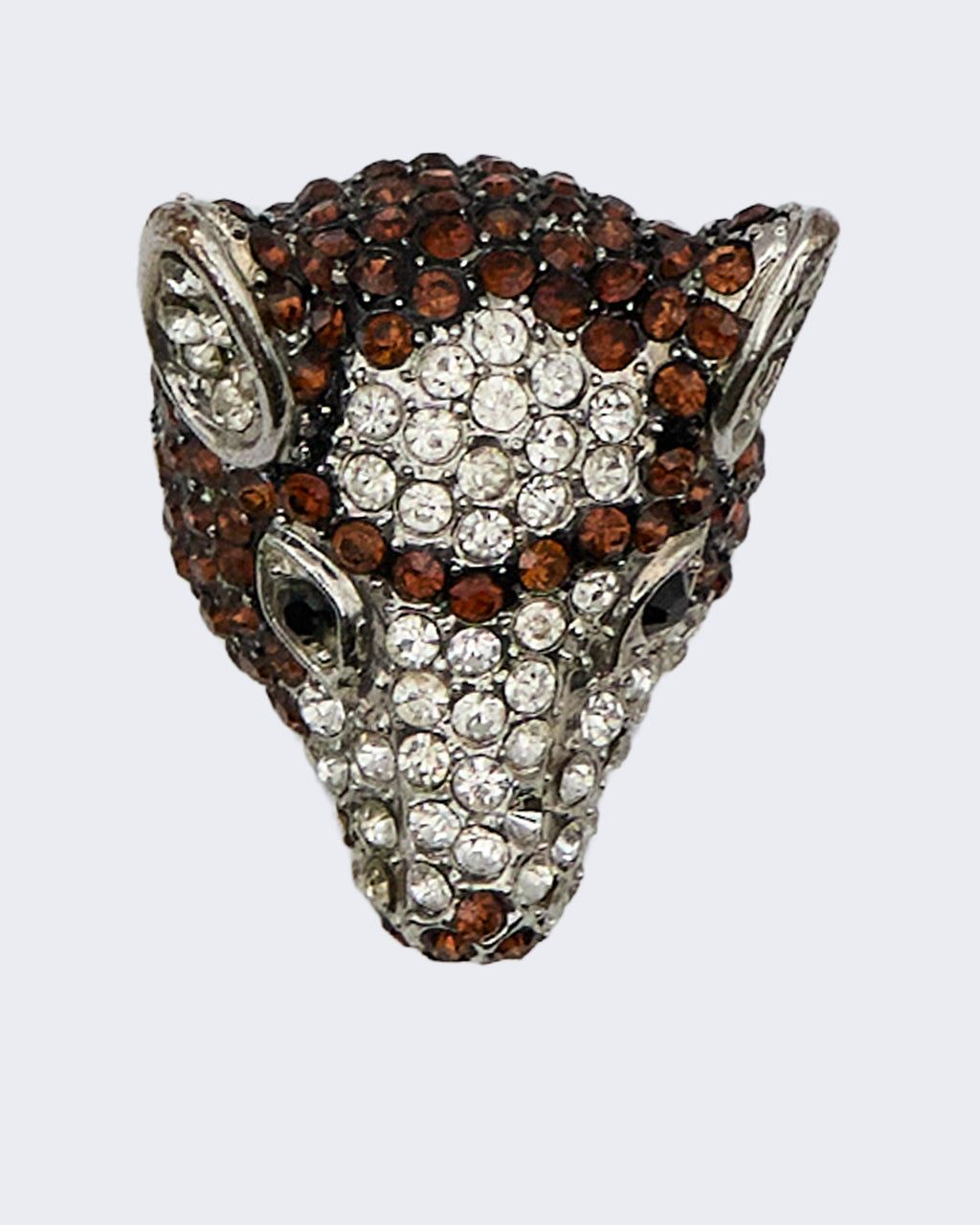Spilla testa di volpe in strass marroni e bianchi – Accessorio elegante in metallo argentato