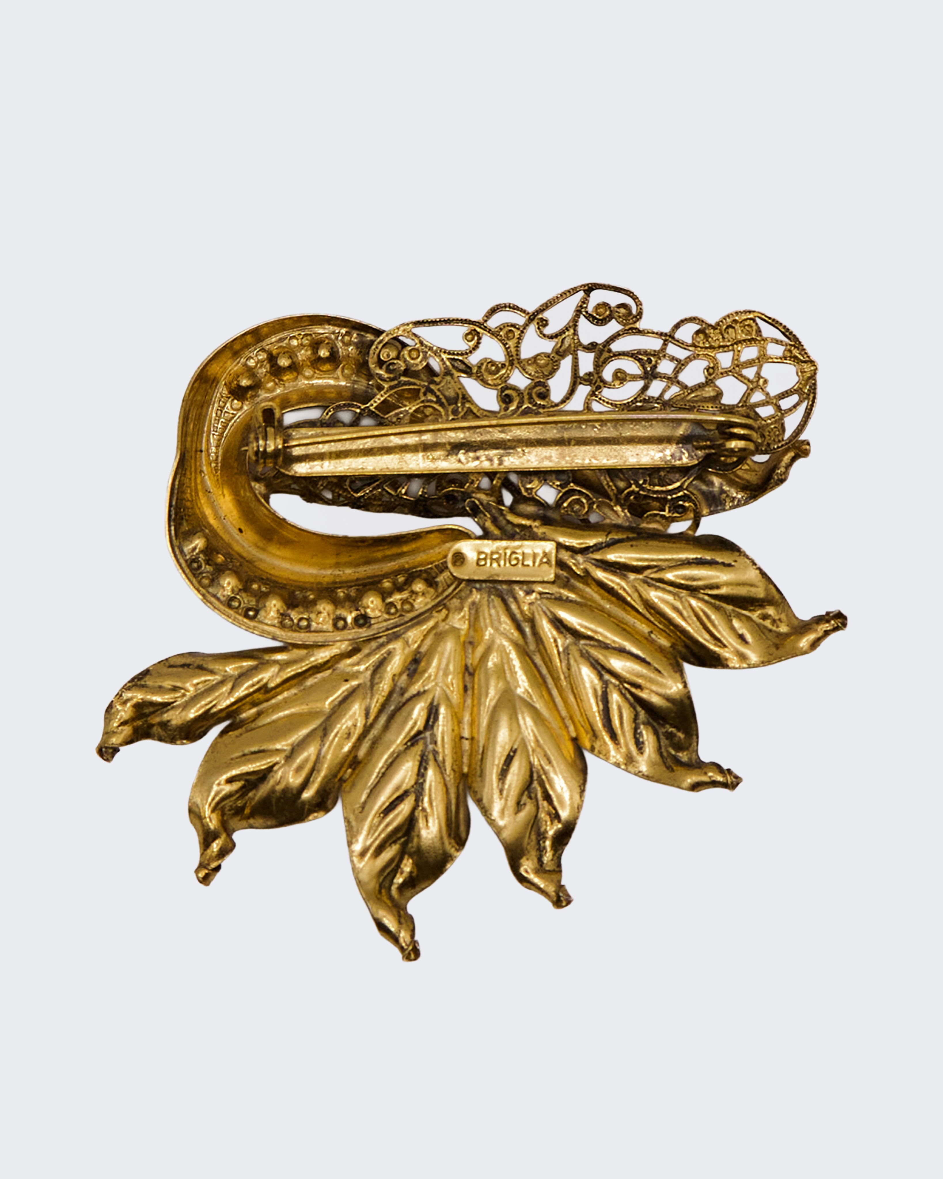 Spilla Vintage Luigi Briglia Floreale con Strass Blu e Perle – Metallo Dorato