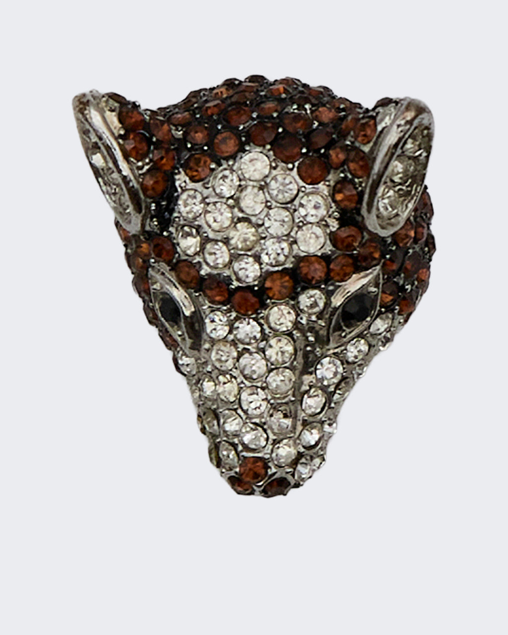 Spilla testa di volpe in strass marroni e bianchi – Accessorio elegante in metallo argentato