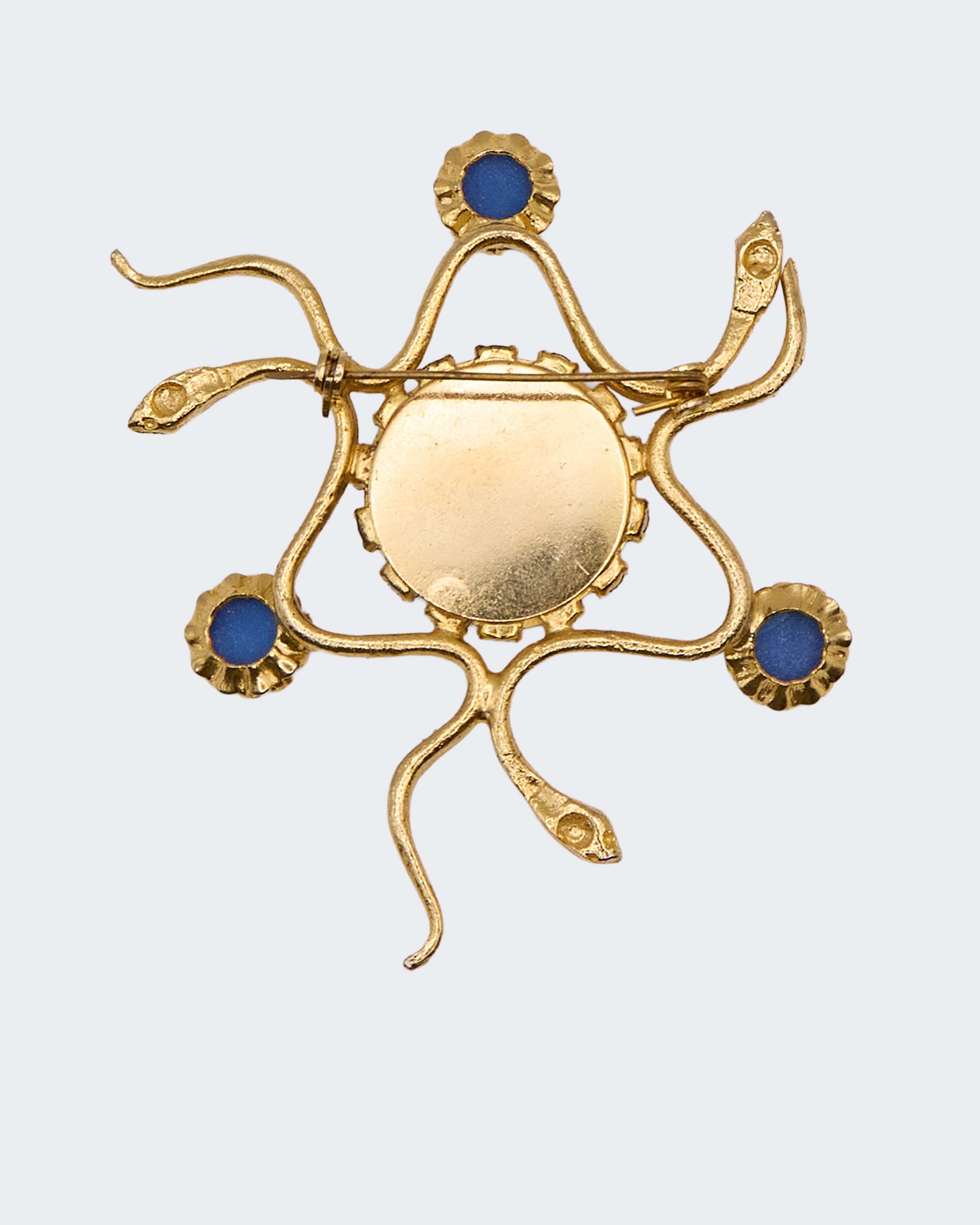 Vintage Gold Metal Snake Brooch with Lapis Lazuli and Rhinestones – Victorian Style
