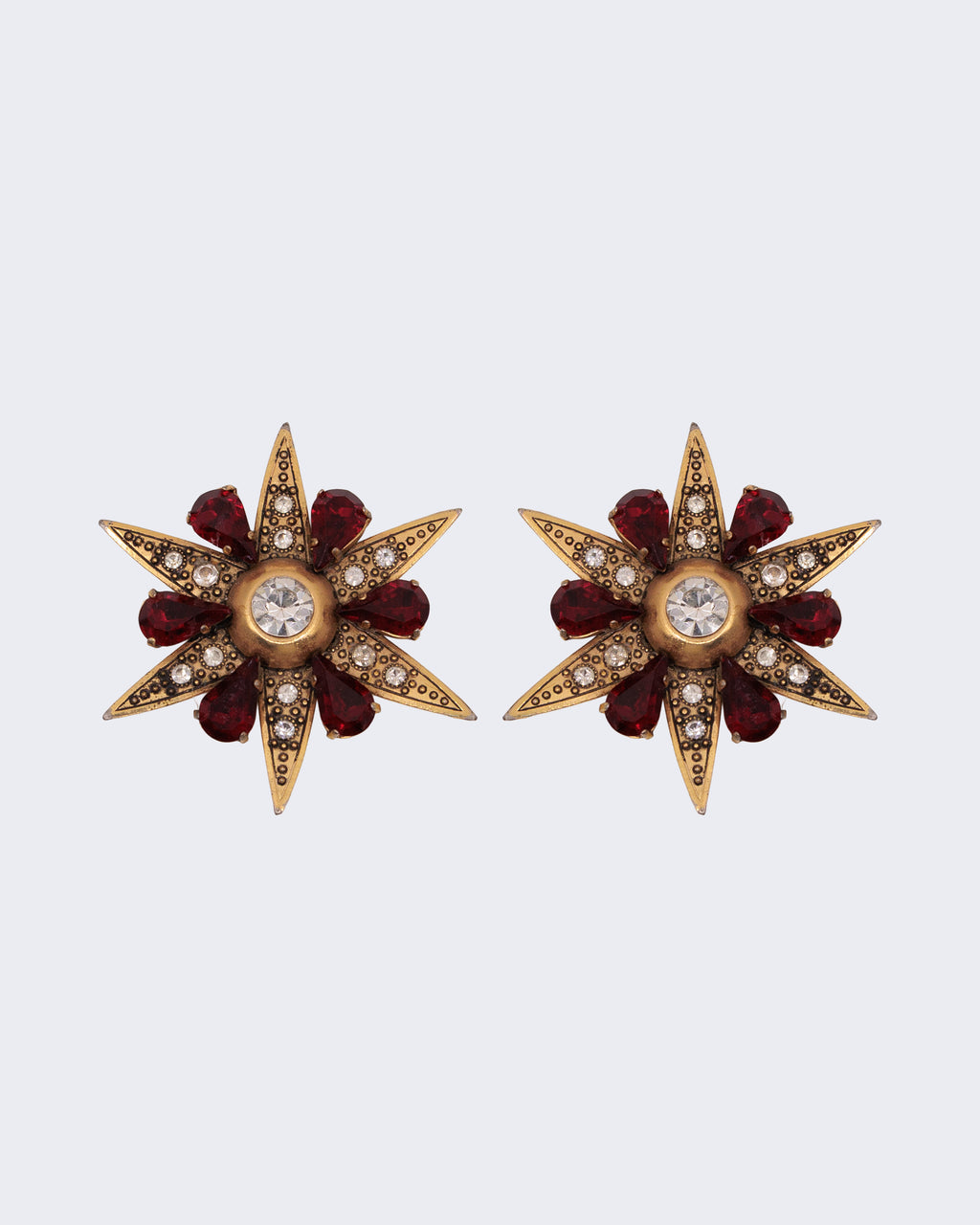 Orecchini vintage a stella con strass rossi, clip, stile barocco dorato