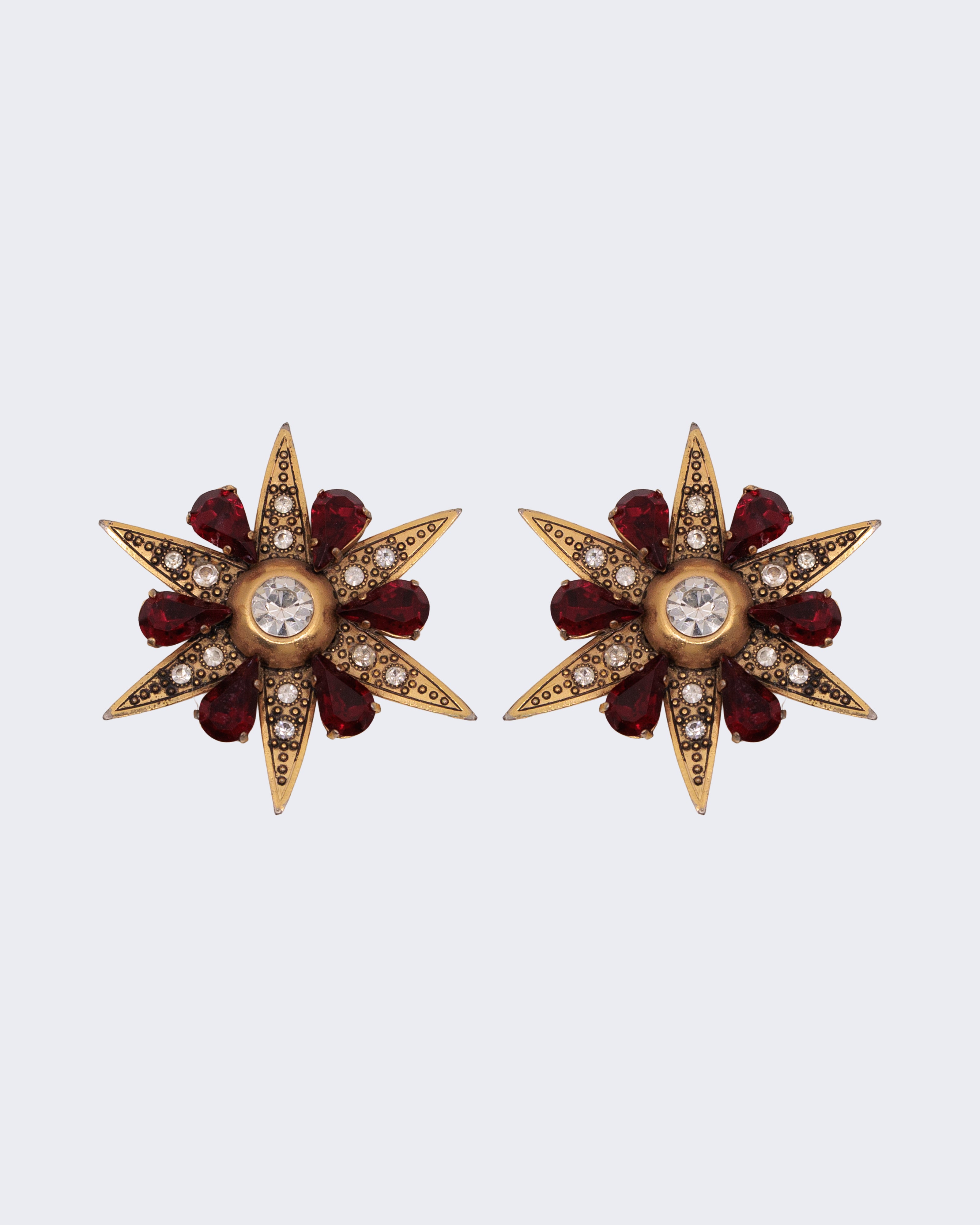 Orecchini vintage a stella con strass rossi, clip, stile barocco dorato