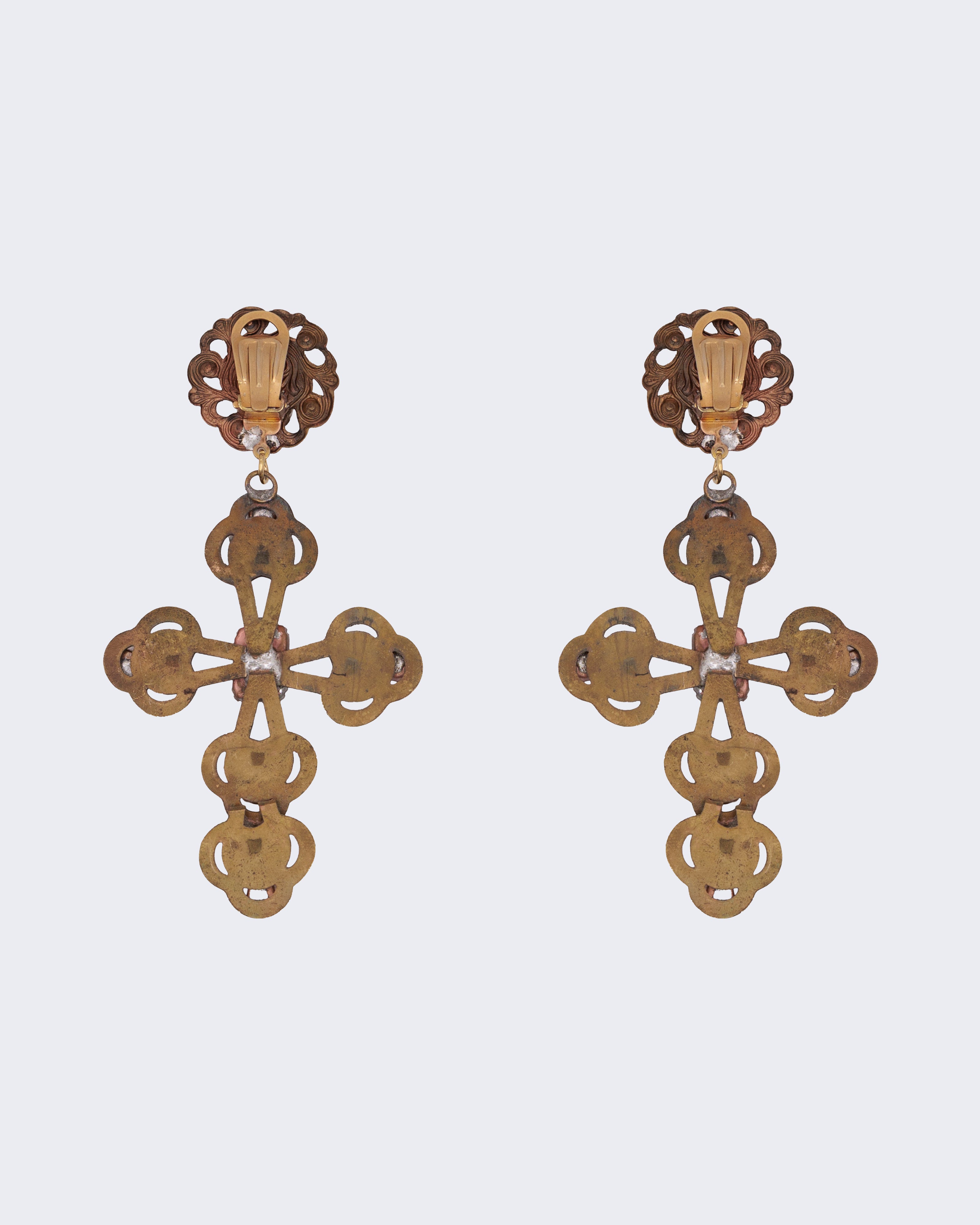 Orecchini Vintage Pendenti a Croce con Pietre Rosse e Strass – Orecchini Lunghi Donna