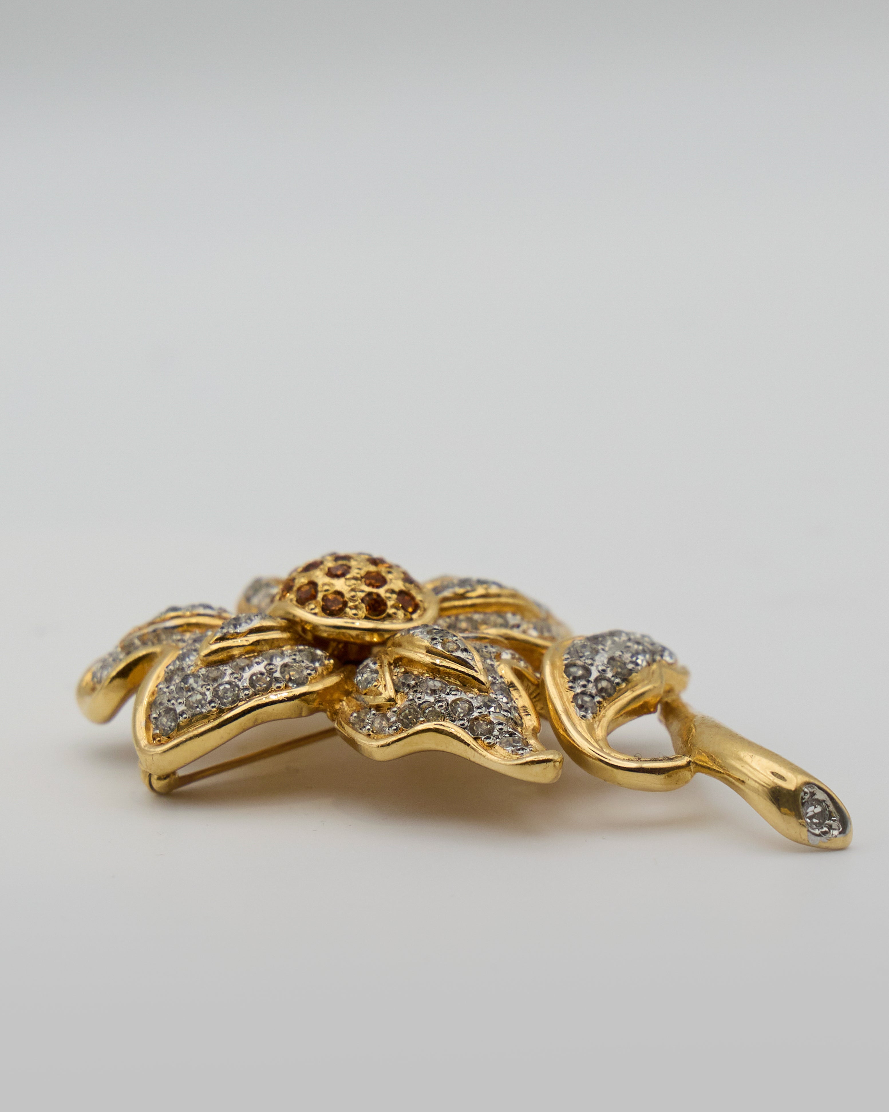 Vintage Gold Plated Floral Brooch with White and Amber Rhinestones – 1960s