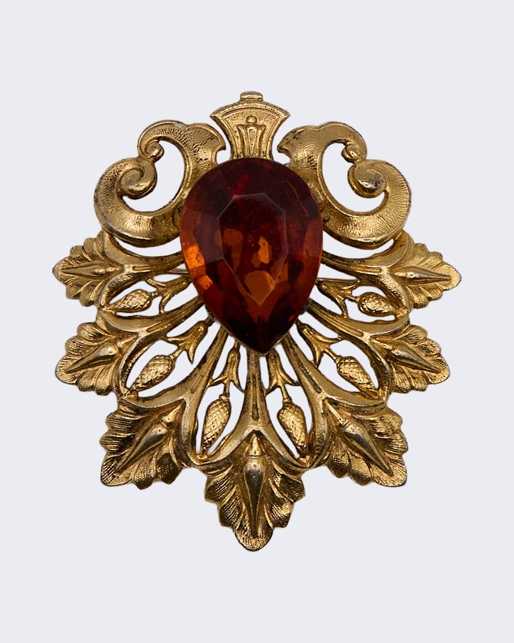 Spilla Vintage Dorata con Pietra Ambra a Goccia – Anni 50