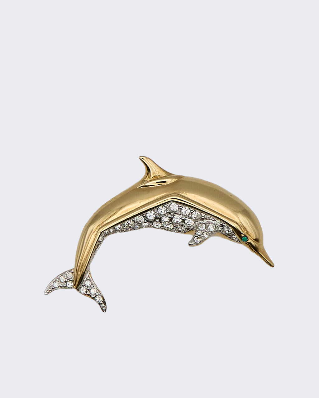 Spilla Vintage a Delfino Placcata Oro con Strass e Pietra Verde – Anni ’50–’70