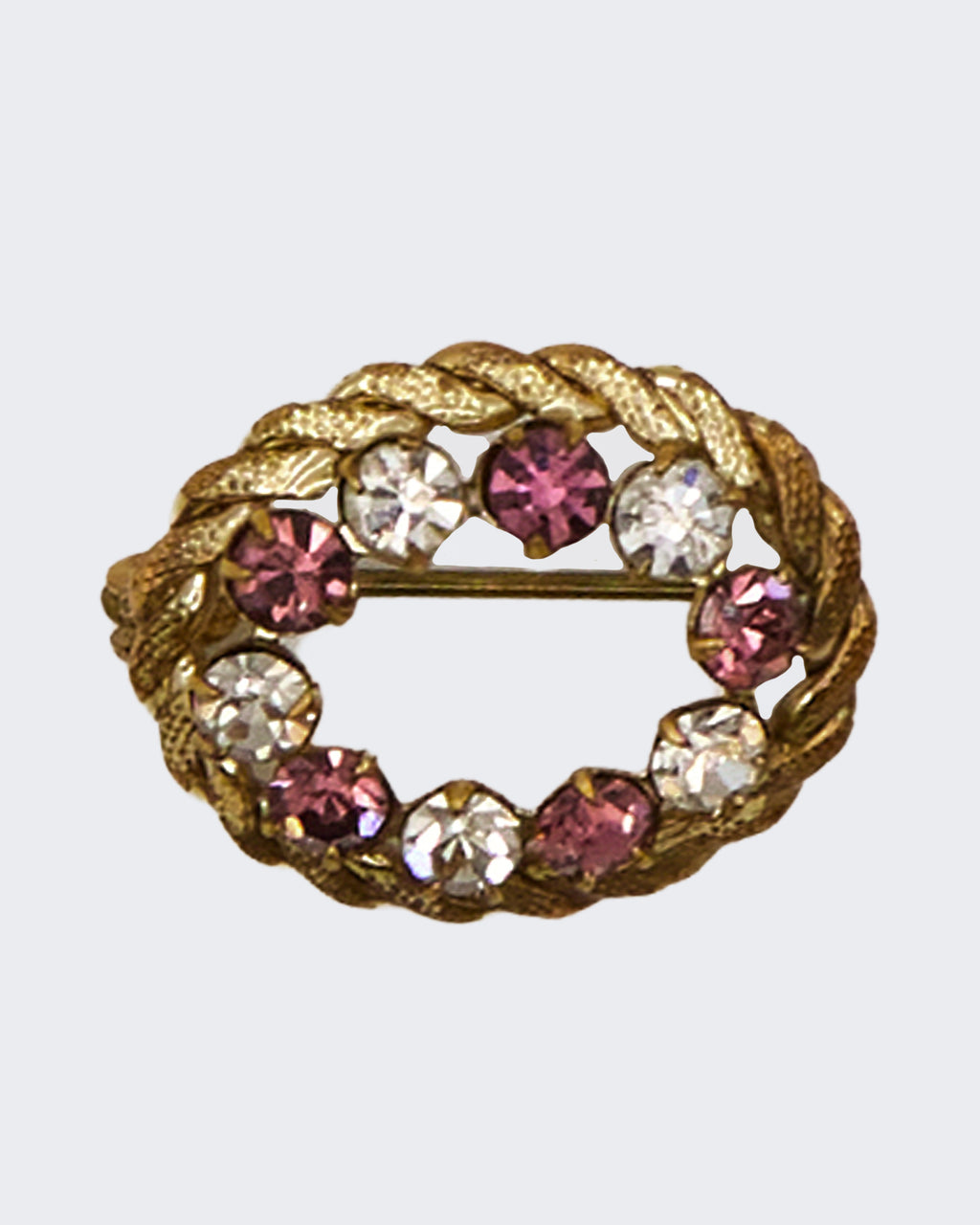 Spilla Vintage a Ghirlanda in Metallo Oro con Strass Rosa e Trasparenti – Bigiotteria Anni ’50-’60