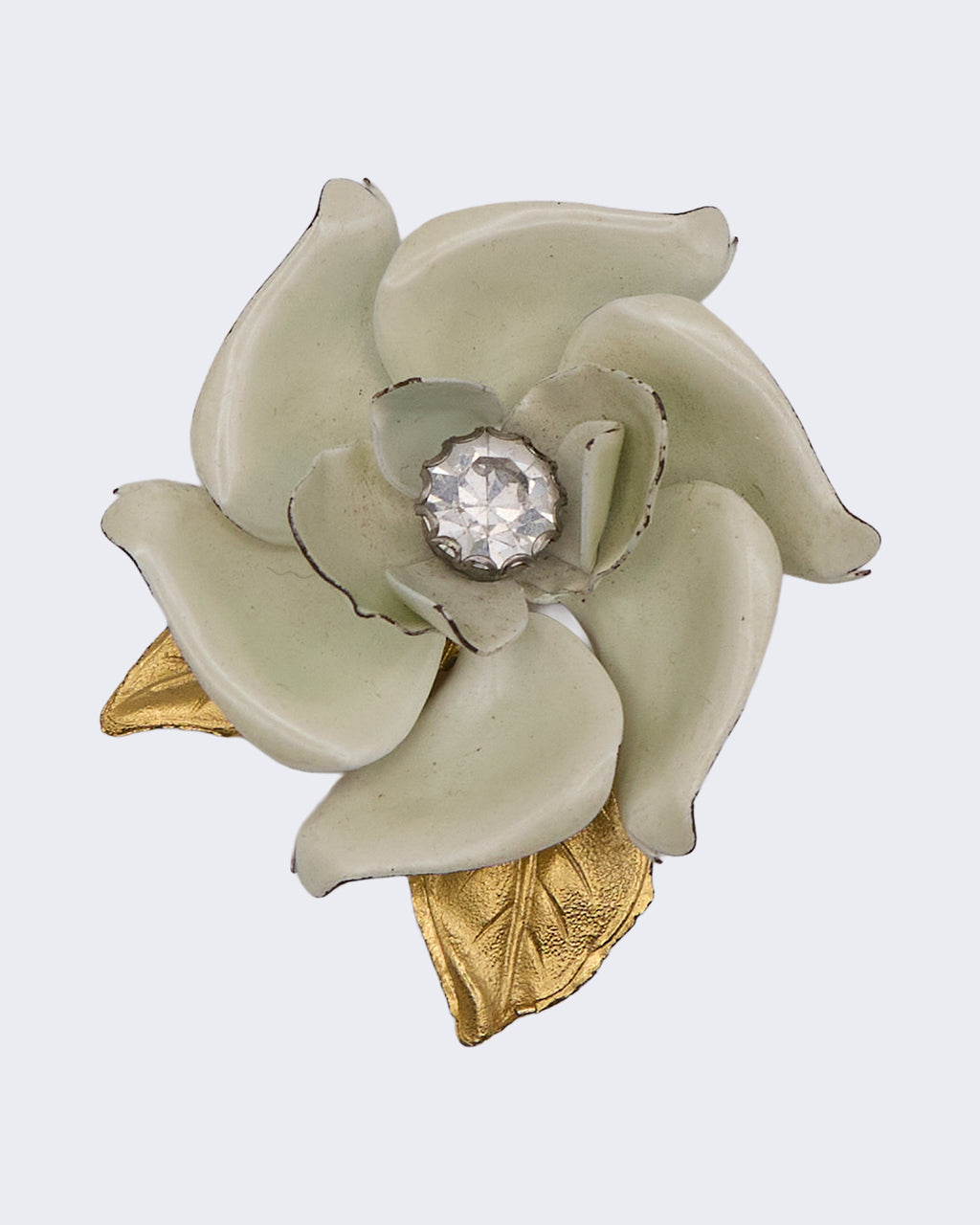 Spilla Vintage Fiore Smaltato Bianco con Strass – Anni 50