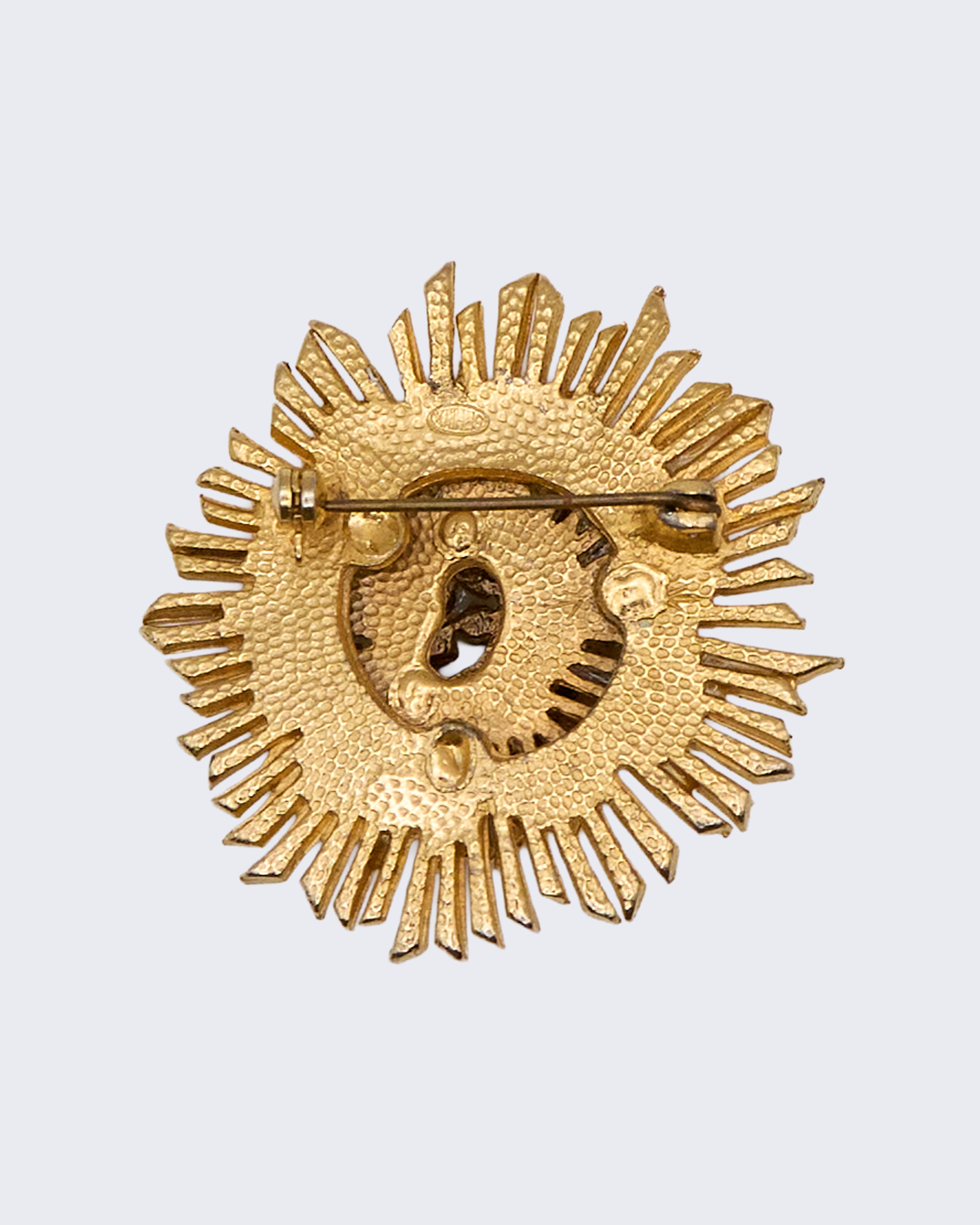 Vintage Sphinx Flower Brooch – Gold Metal with Clear and Green Rhinestones