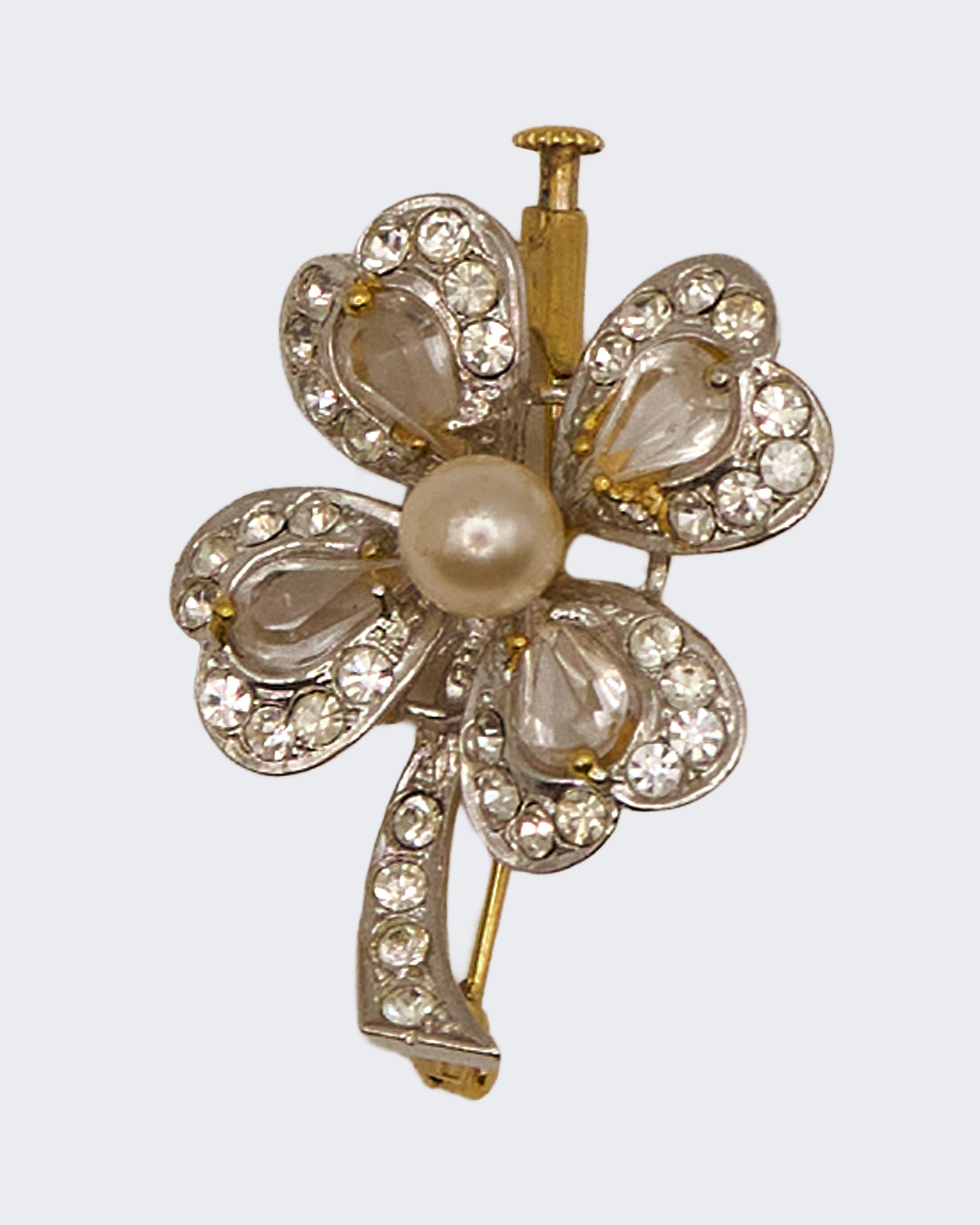 Spilla Vintage Quadrifoglio con Cristalli e Perla – Metallo Placcato