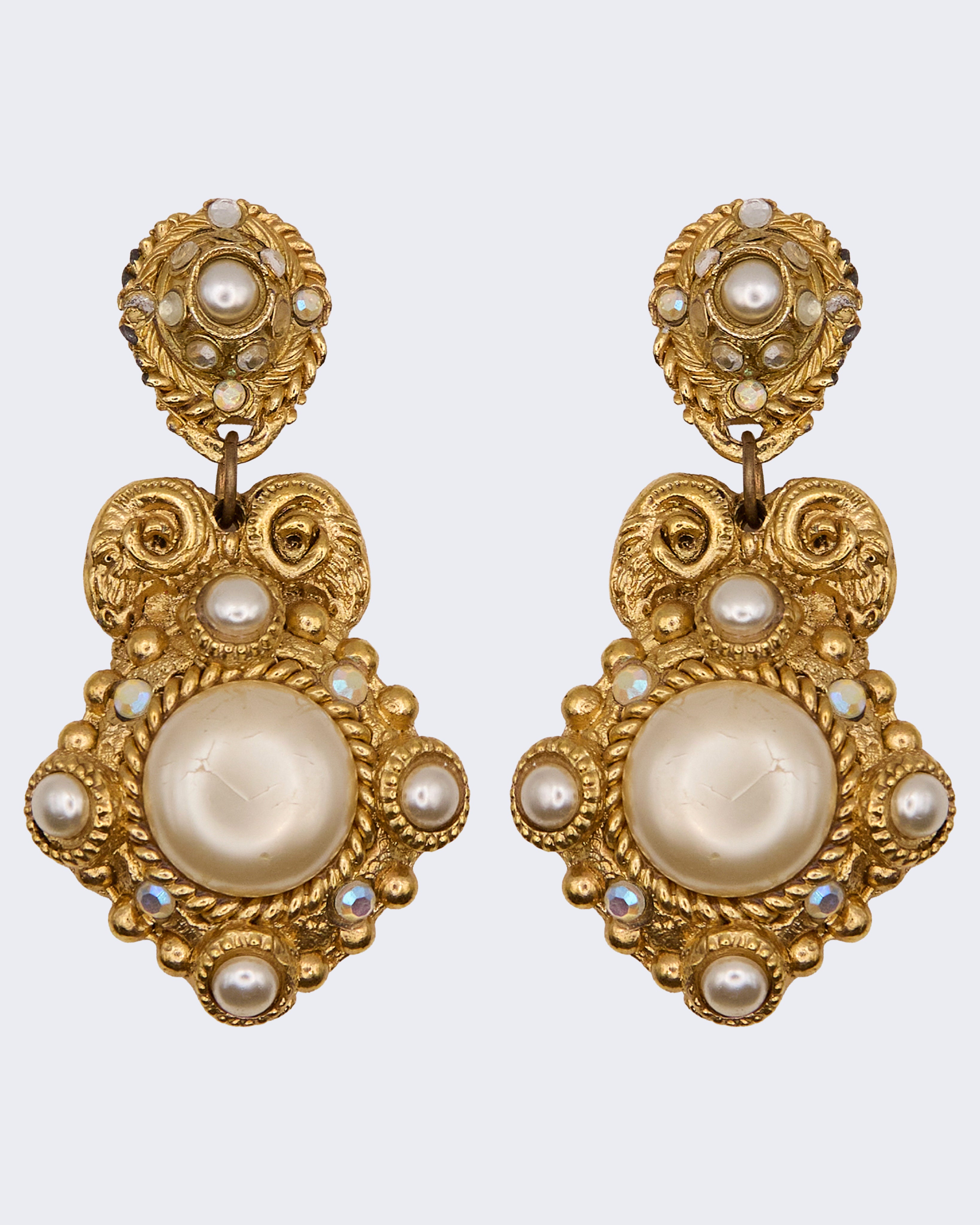 Orecchini Vintage Barocchi Perle e Strass – Clip Dorate Statement Anni ’80 Jacky de G