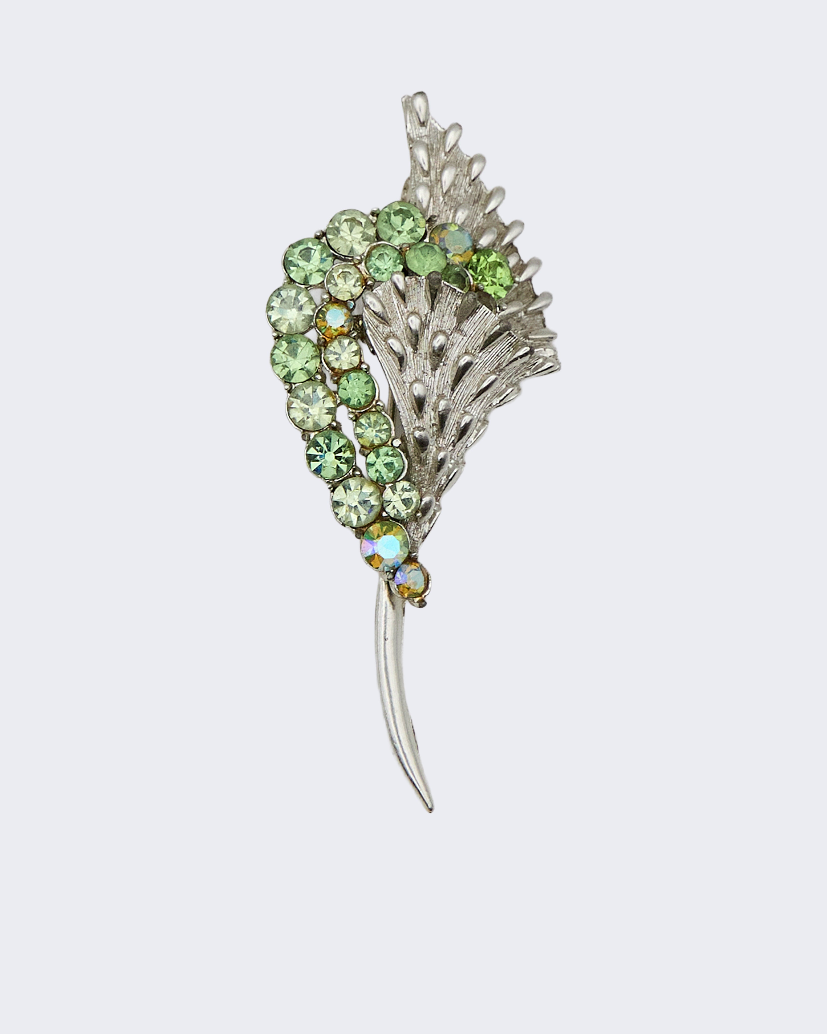 Vintage Exotic Flower Pegasus Coro Brooch with Peridot Rhinestones – 1950s
