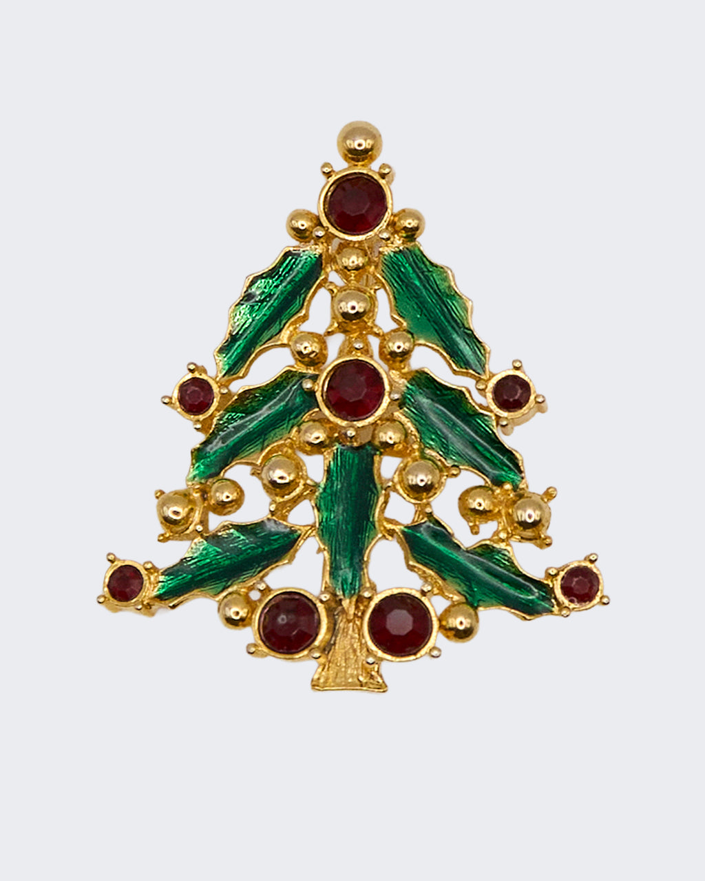 Spilla Natalizia Vintage – Albero di Natale in Metallo Oro, Smalto Verde e Pietre Rosse