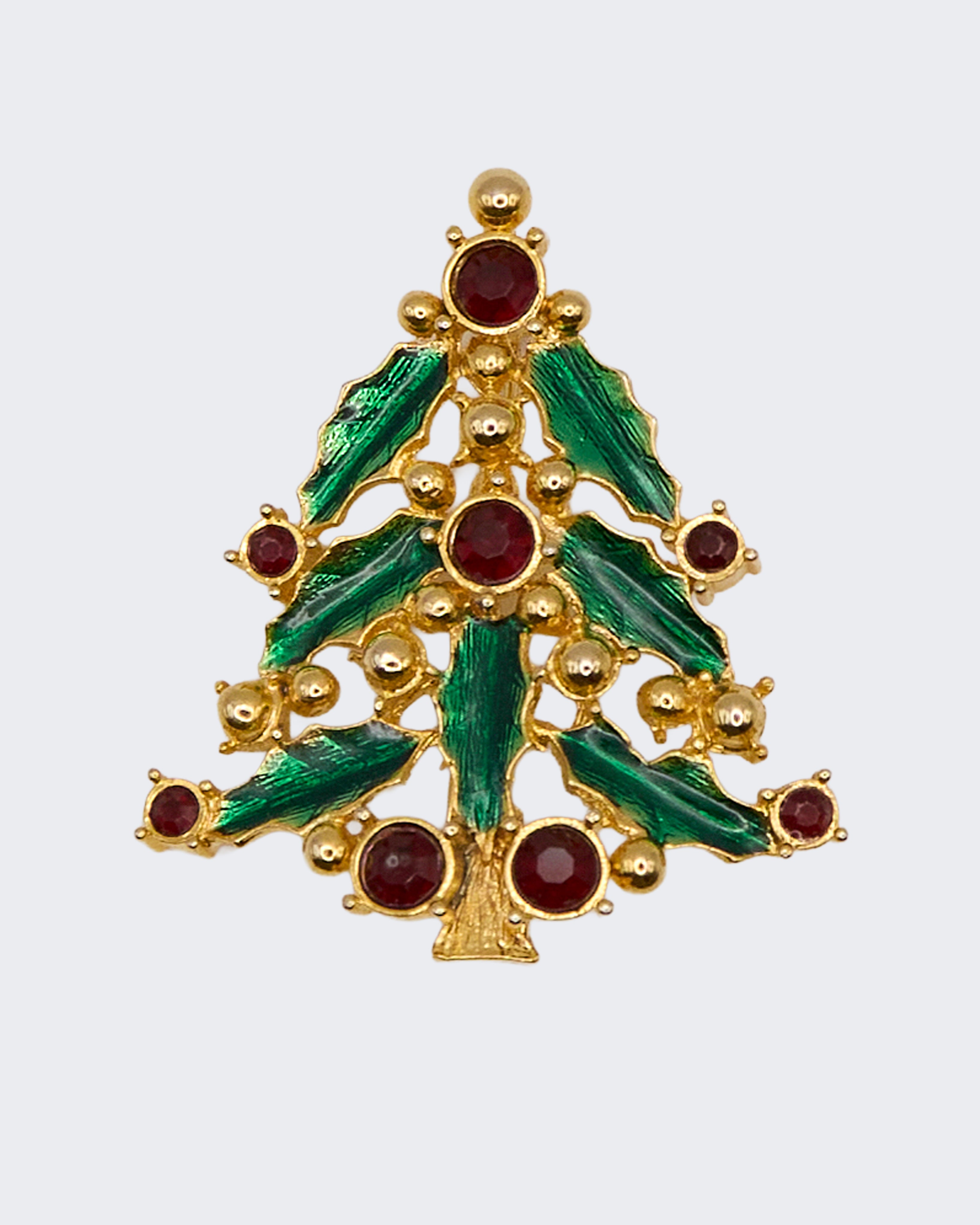 Spilla Natalizia Vintage – Albero di Natale in Metallo Oro, Smalto Verde e Pietre Rosse