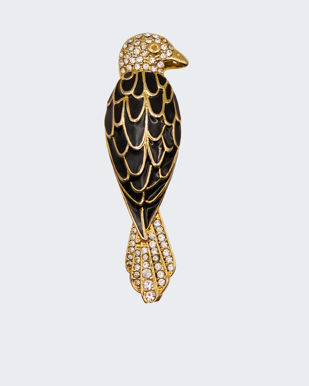Broche oiseau vintage en émail noir et cristal – années 1980/1990