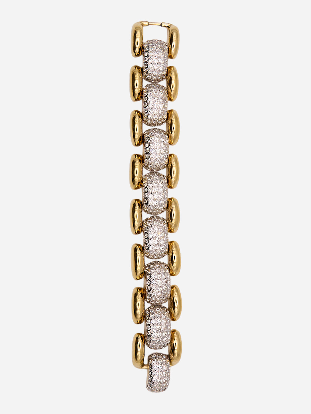 Bracciale con firma YSL, maglie bombate dorate e decorazione pavé, vista frontale completa