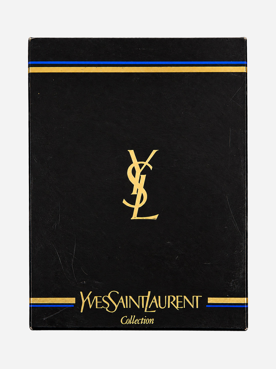 Scatola nera Yves Saint Laurent Collection con monogramma dorato e fasce decorative blu e oro.