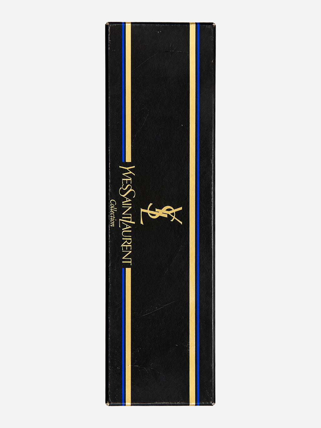 Scatola nera con scritta Yves Saint Laurent Collection e bordi decorativi dorati e blu