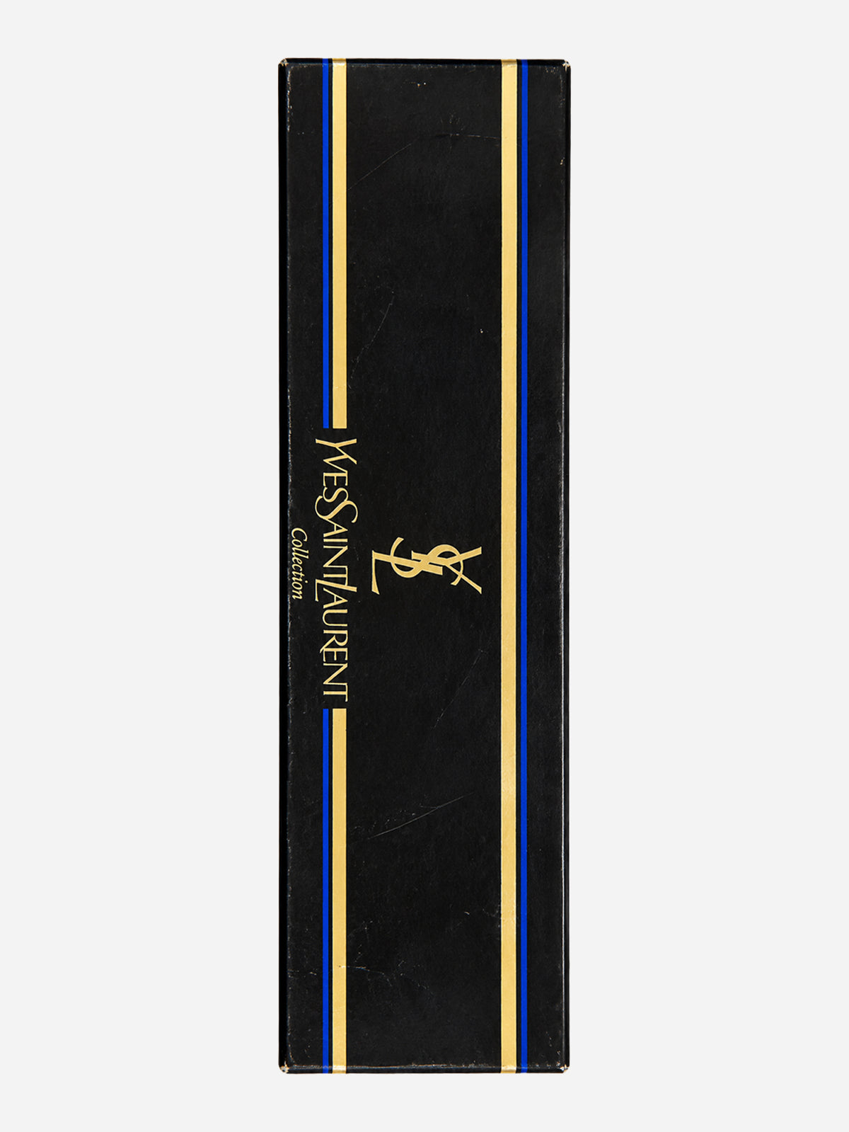 Scatola nera con scritta Yves Saint Laurent Collection e bordi decorativi dorati e blu