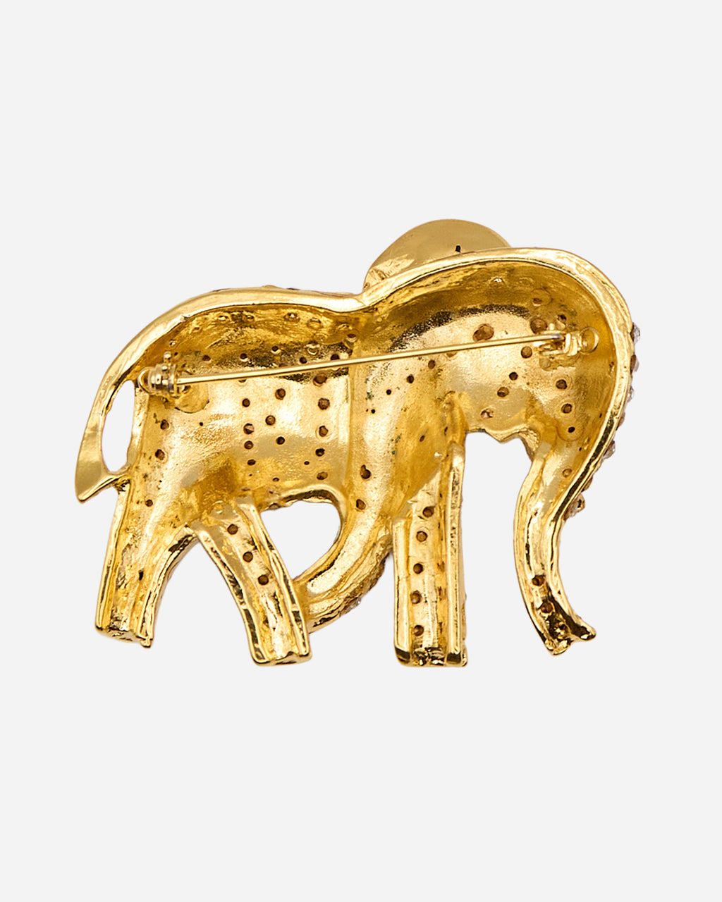 Retro della spilla vintage a elefante in metallo dorato con chiusura ad ago e fermo di sicurezza.