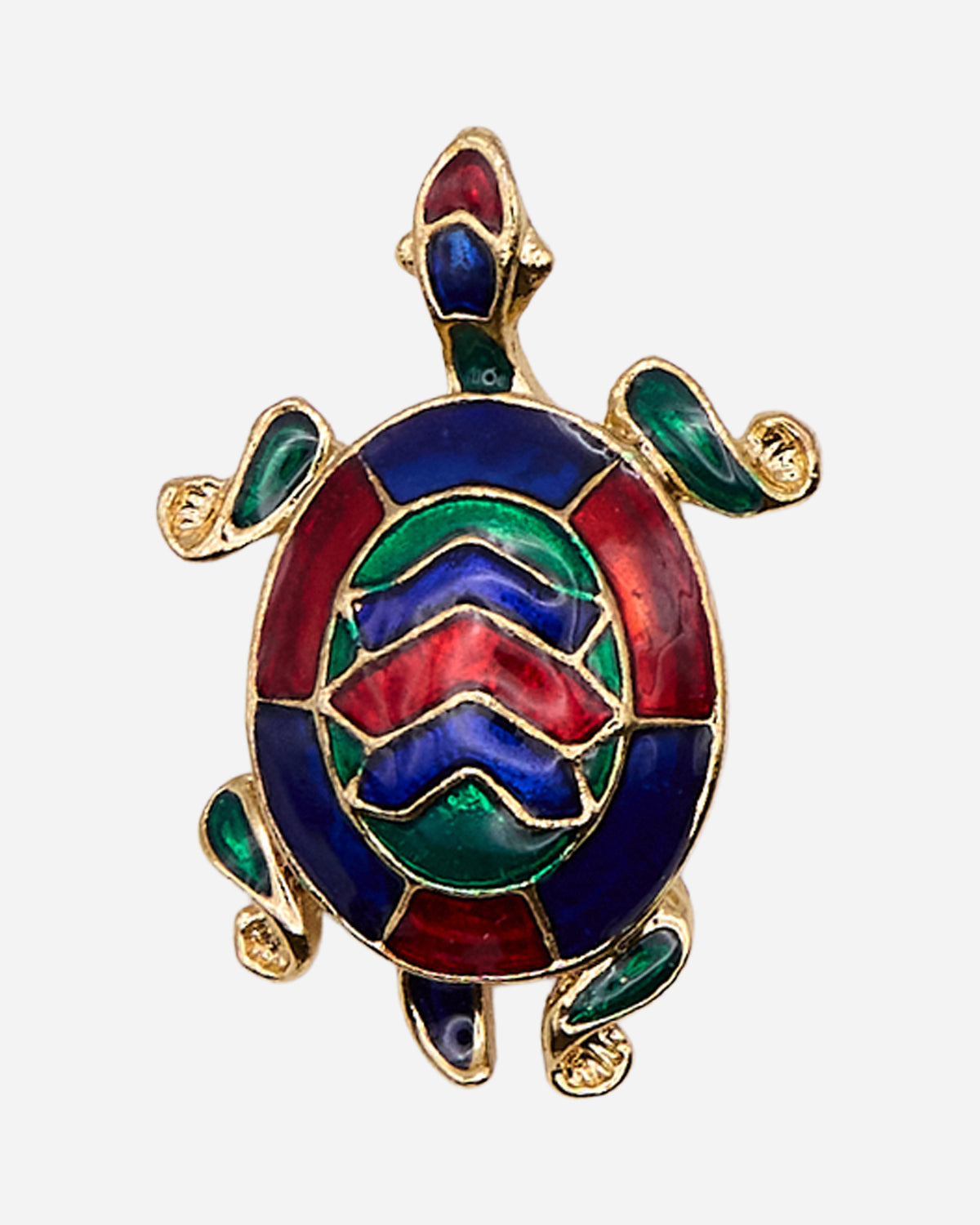 Spilla vintage a tartaruga in metallo dorato con guscio bombato e smalti geometrici rossi, blu e verdi.
